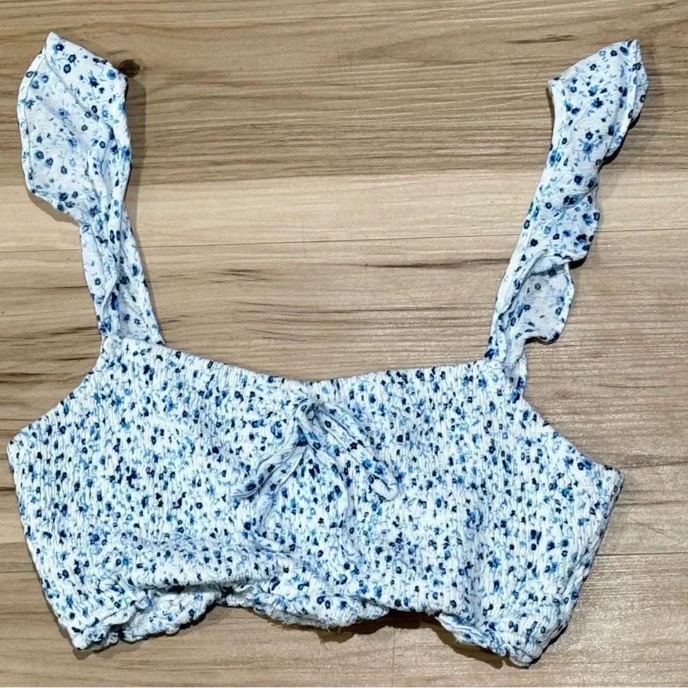 Storia White Blue Floral Ruffle Crop Top Women’s Small